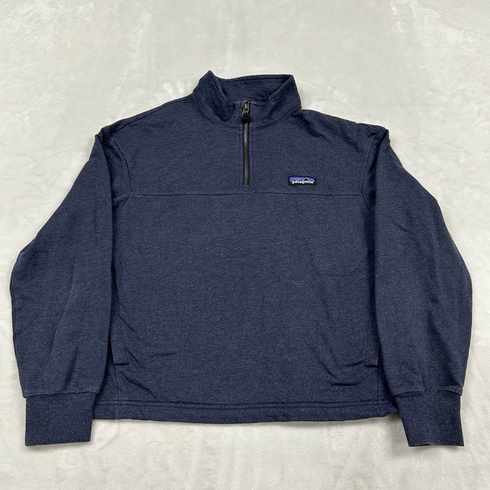 Patagonia Quarter-Zip Pullover mens XS Large Navy Blue Heathered Knit Logo Patch
